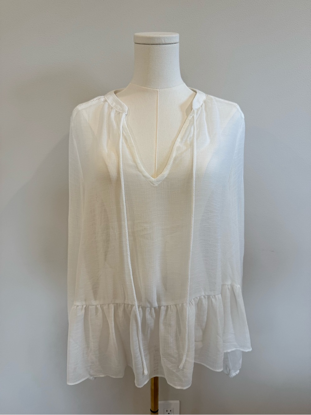 Maternity White Gauze Peasant Blouse with Ruffle Hem